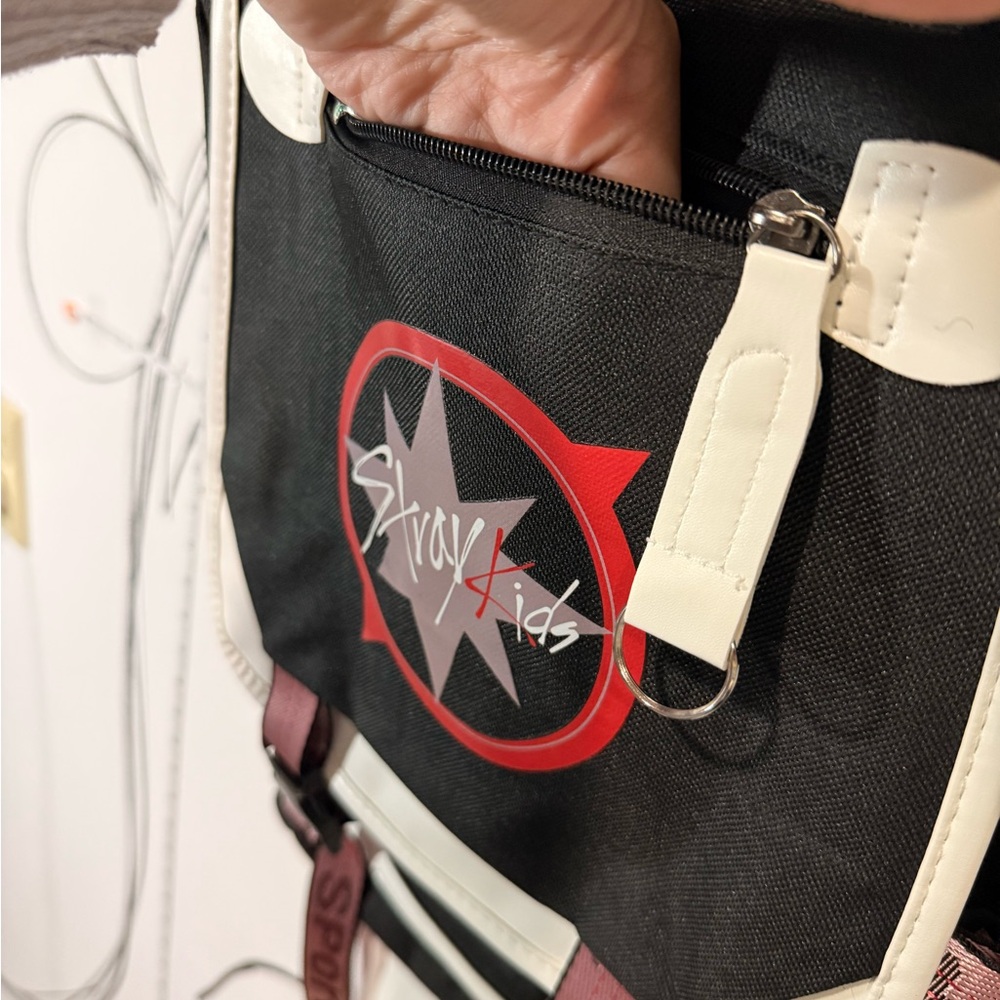 NEW Stray Kids Black & White Backpack with Pink Accents, Charging Access - Picture 3 of 10